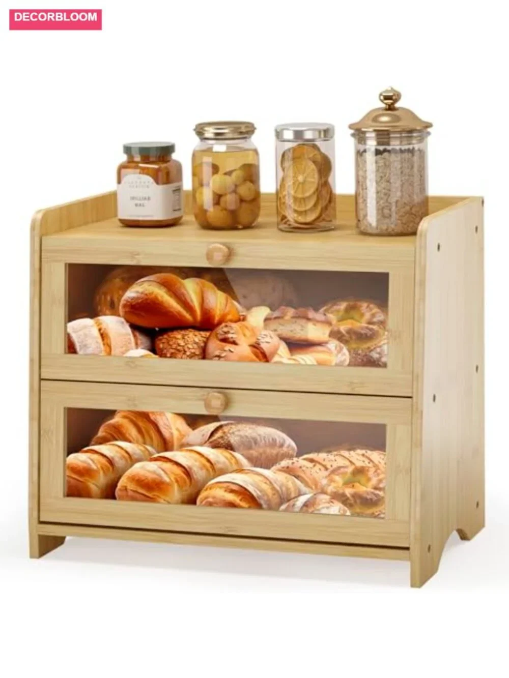 Double Layer Bamboo Bread Box with Acrylic Window for Kitchen Counter